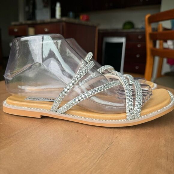 Steve Madden Spice Bling Slide Sandals Size 6 Rhinestone Silver Straps Shoes - Picture 3 of 10